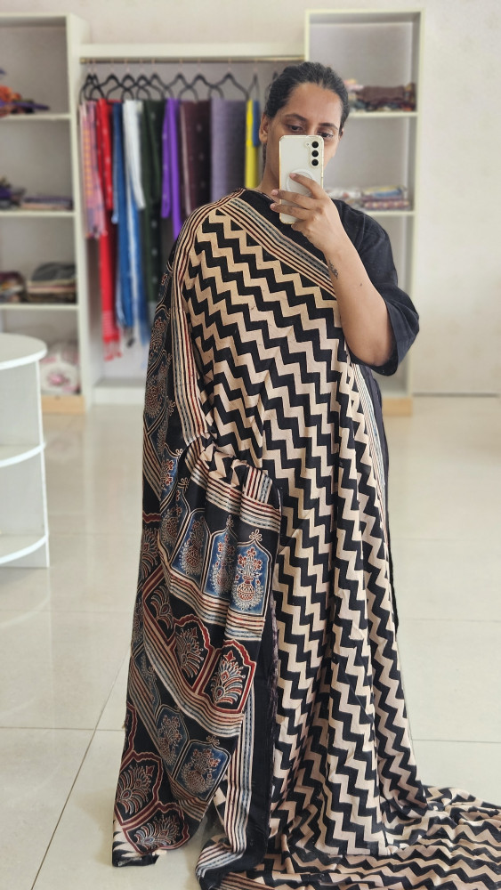 Image of BLACK-BEIGE ZIG ZAG AJRAKH MODAL SILK HANDBLOCK PRINTED SAREE