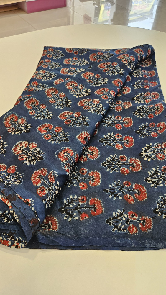 Image of BLUE FLORAL BOOTI AJRAKH HANDBLOCK PRINT MODAL RUNNING MATERIAL