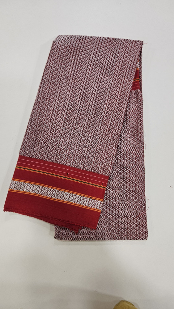 Image of RED AND SILVER WITH RED BORDER COTTON SILK KHUN BLOUSE PIECE