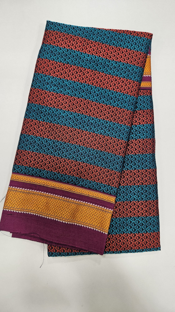 Image of BLUE AND RED STRIPES MAROON BORDER COTTONSILK KHUN BLOUSE PIECE