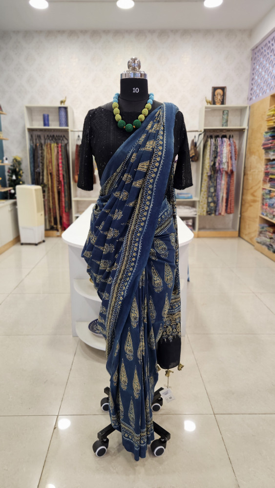 Image of INDIGO AJRAKH HANDBLOCK PRINT COTTON SAREE