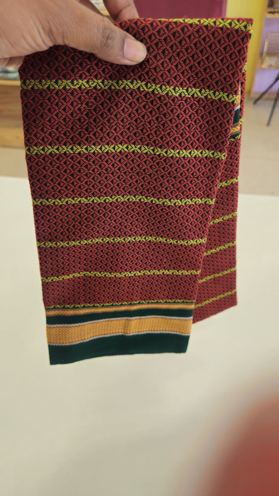 Image of MUD RED STRIPES GREEN BORDER COTTONSILK KHUN BLOUSE PIECE