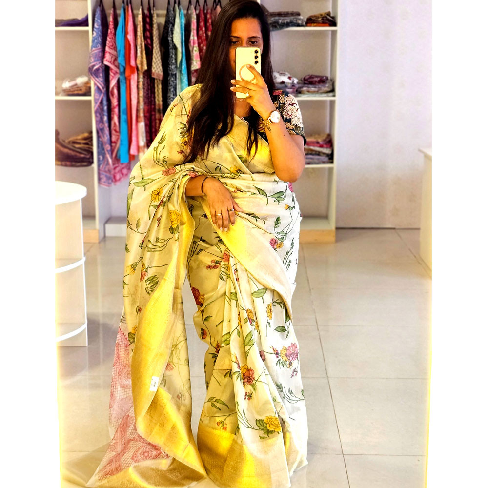 Image of OFFWHITE DIGITAL PRINTED TISSUE SILK SAREE