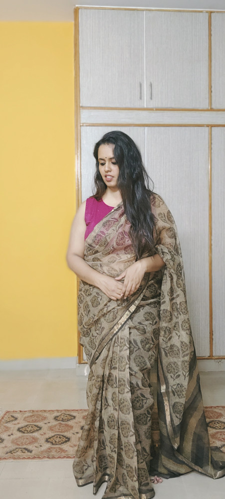 Image of VANASPATI AJRAKH HANDBLOCKPRINT KOT DORIA SAREE