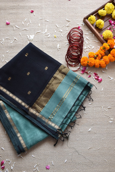 SAGE GREEN | BLACK MAHESHWARI SAREE