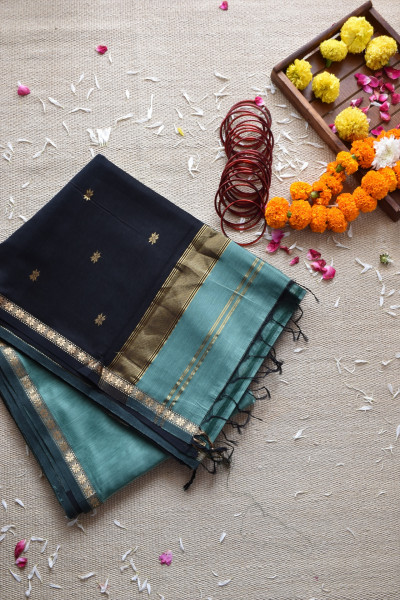 SAGE GREEN | BLACK MAHESHWARI SAREE