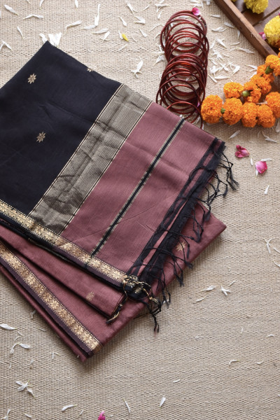 RUSTIC PINK | BLACK MAHESHWARI SAREE