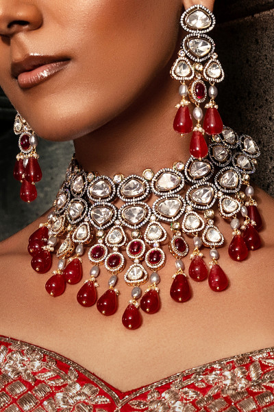 Red Polki Bridal Choker Set in 22Kt Gold Plating
