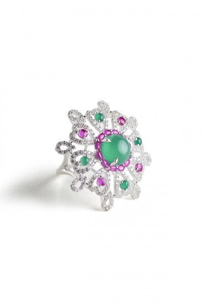 Columbine Ring Green Onyx & Rose in Sterling Silver