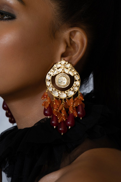 Polki And Red Stone Drop Earrings in 22Kt Gold Plating