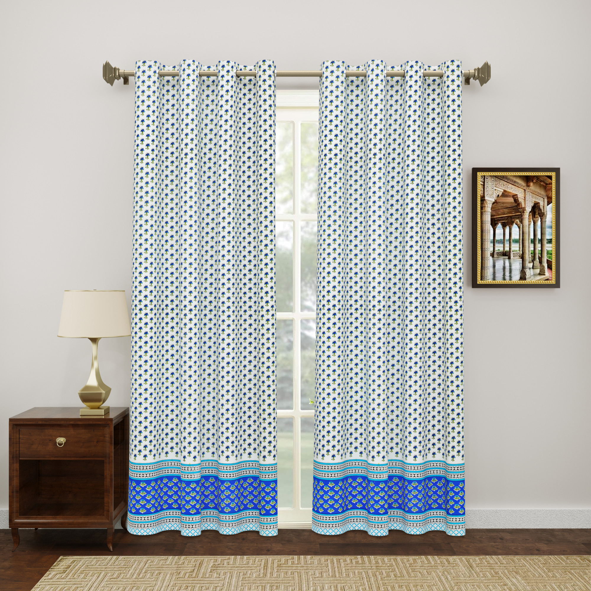 100 Cotton Ethnic Room Darkening Curtains Pack Of 2 Curtains - Blue Floral