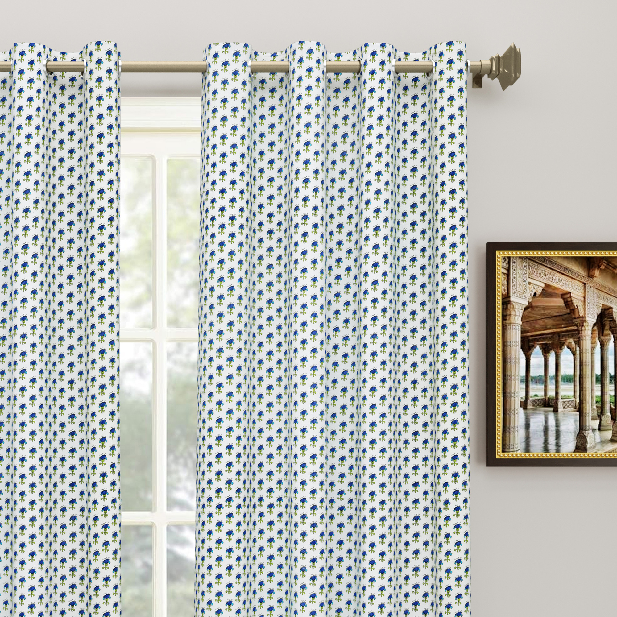 100 Cotton Ethnic Room Darkening Curtains Pack Of 2 Curtains - Blue Floral