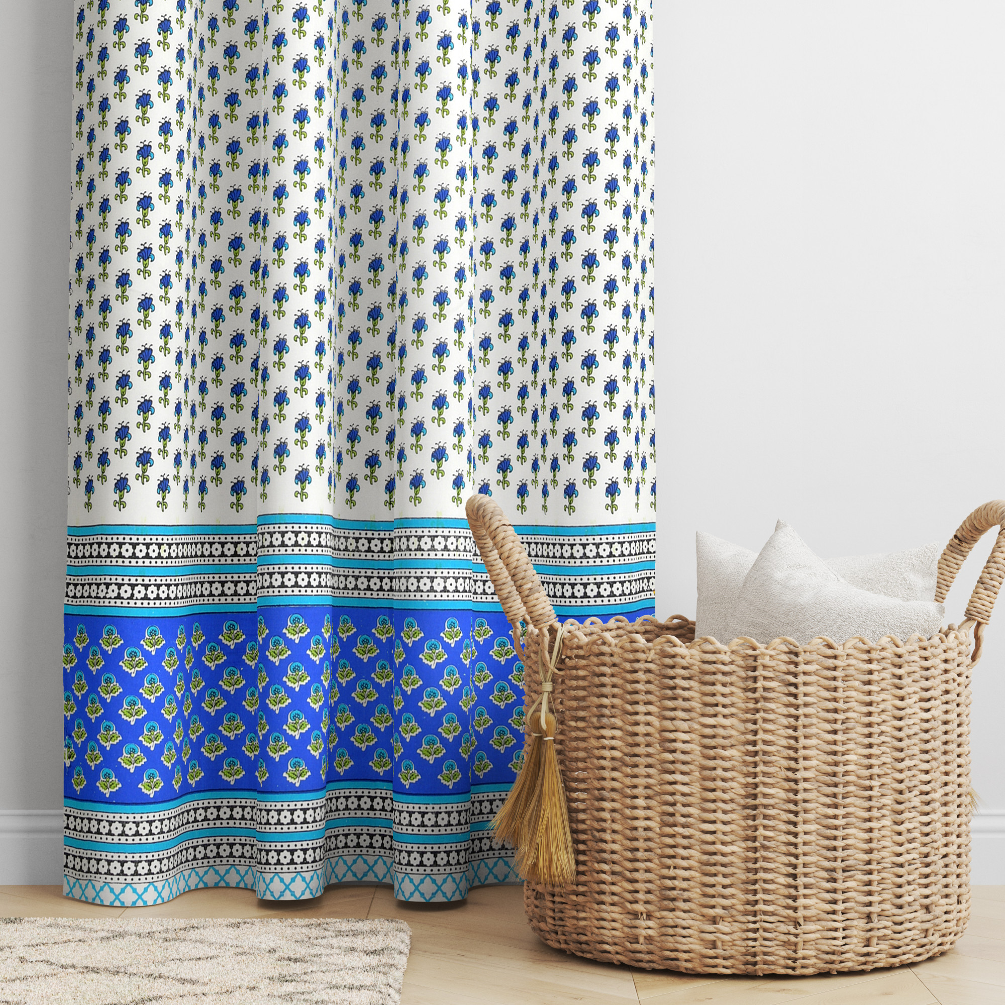 100 Cotton Ethnic Room Darkening Curtains Pack Of 2 Curtains - Blue Floral