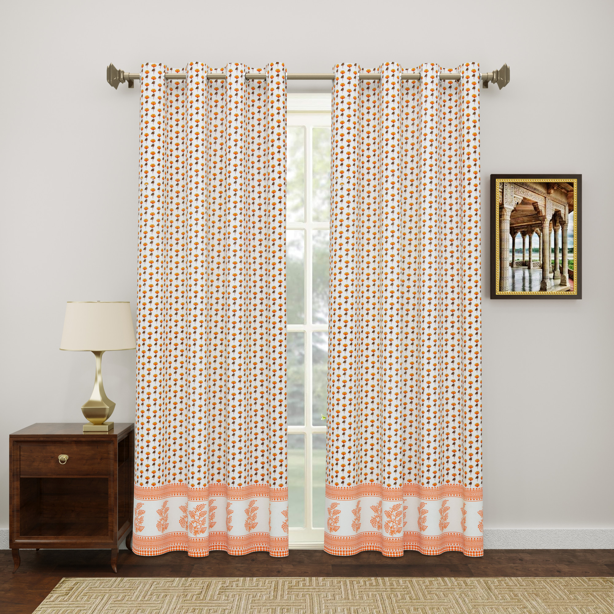 100 Cotton Ethnic Room Darkening Curtains Pack Of 2 Curtains - Yellow Floral