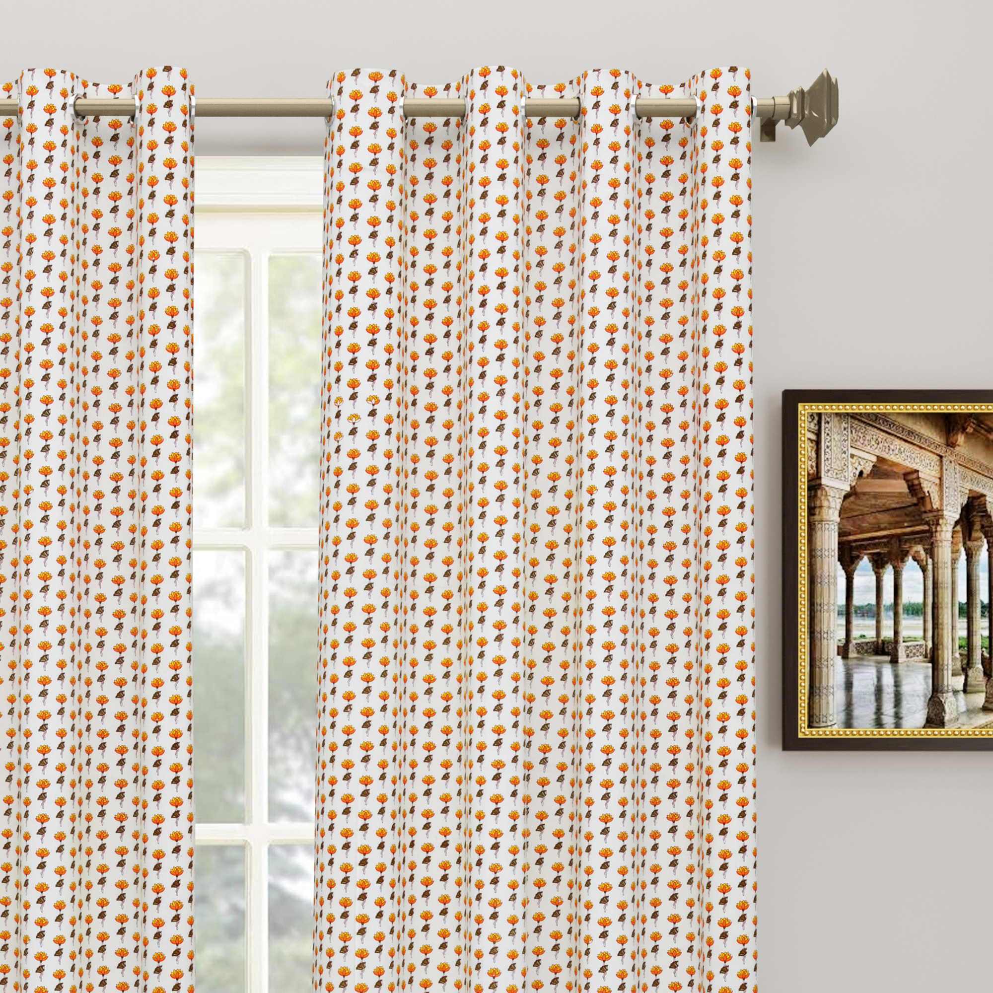 100 Cotton Ethnic Room Darkening Curtains Pack Of 2 Curtains - Yellow Floral