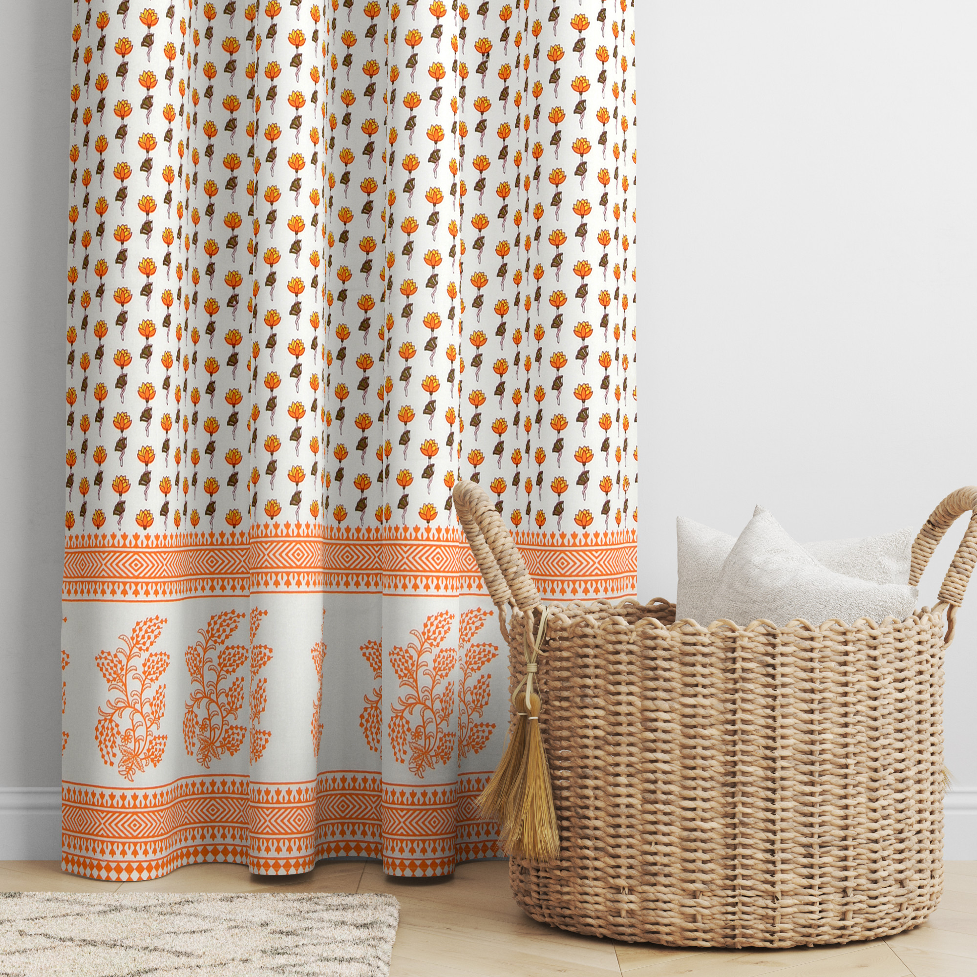 100 Cotton Ethnic Room Darkening Curtains Pack Of 2 Curtains - Yellow Floral