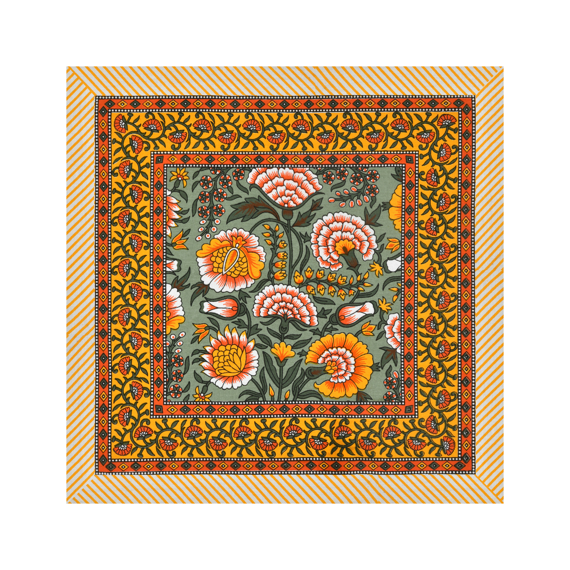 Yellow Orange Floral Printed Pure Cotton Mat and Napkin Set For CenterDining Table - Set Of 12 Pieces 6 Mats 6 Napkins