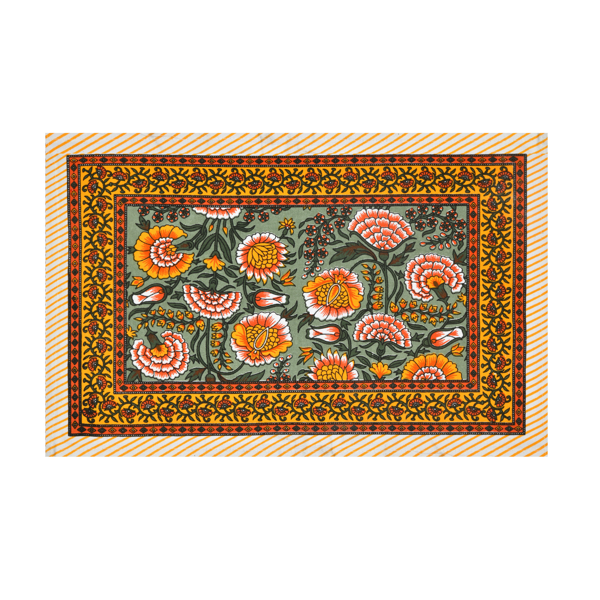 Yellow Orange Floral Printed Pure Cotton Mat and Napkin Set For CenterDining Table - Set Of 12 Pieces 6 Mats 6 Napkins