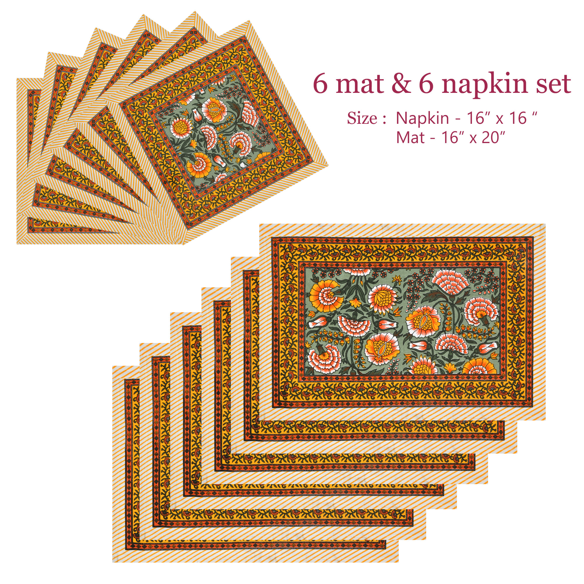 Yellow Orange Floral Printed Pure Cotton Mat and Napkin Set For CenterDining Table - Set Of 12 Pieces 6 Mats 6 Napkins