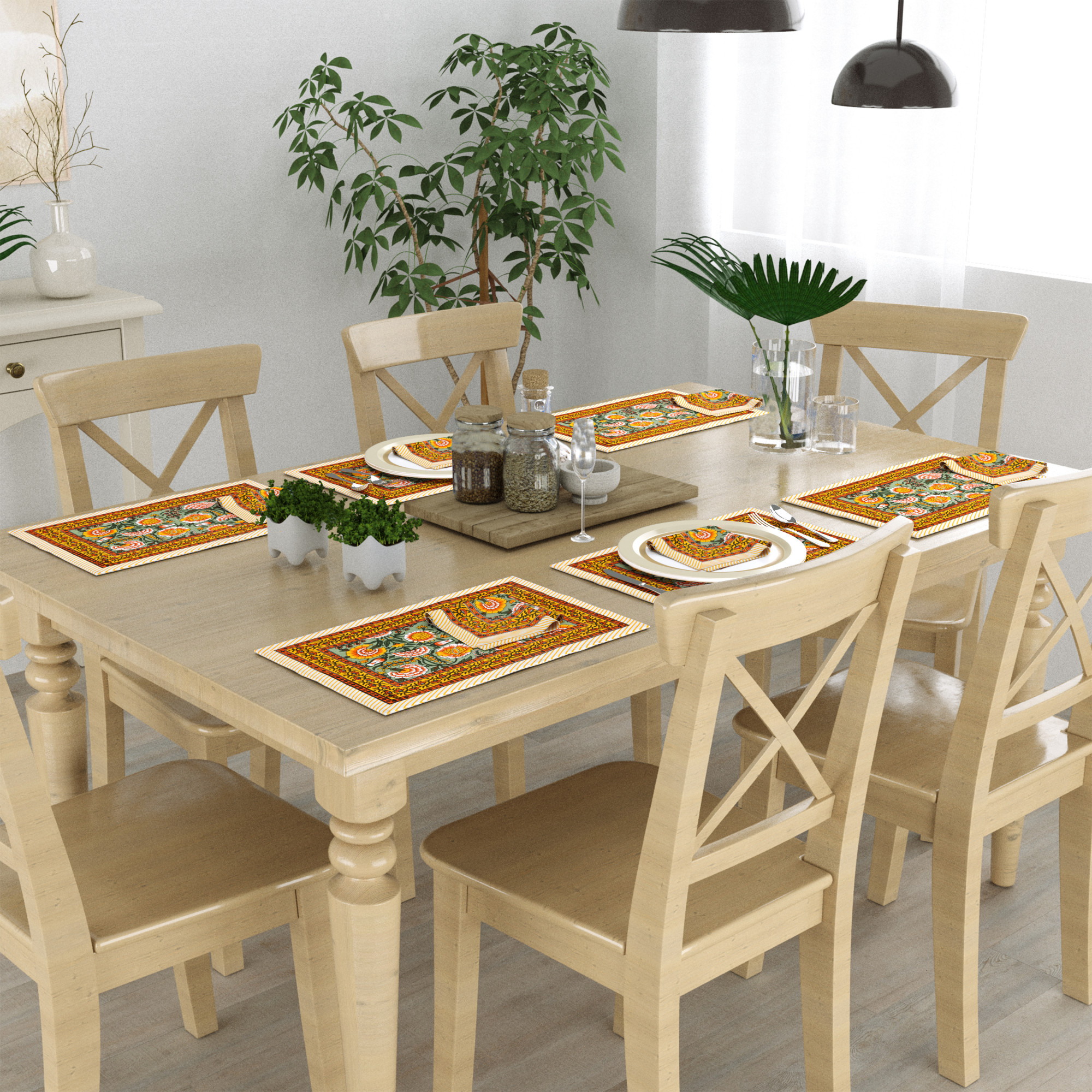 Yellow Orange Floral Printed Pure Cotton Mat and Napkin Set For CenterDining Table - Set Of 12 Pieces 6 Mats 6 Napkins