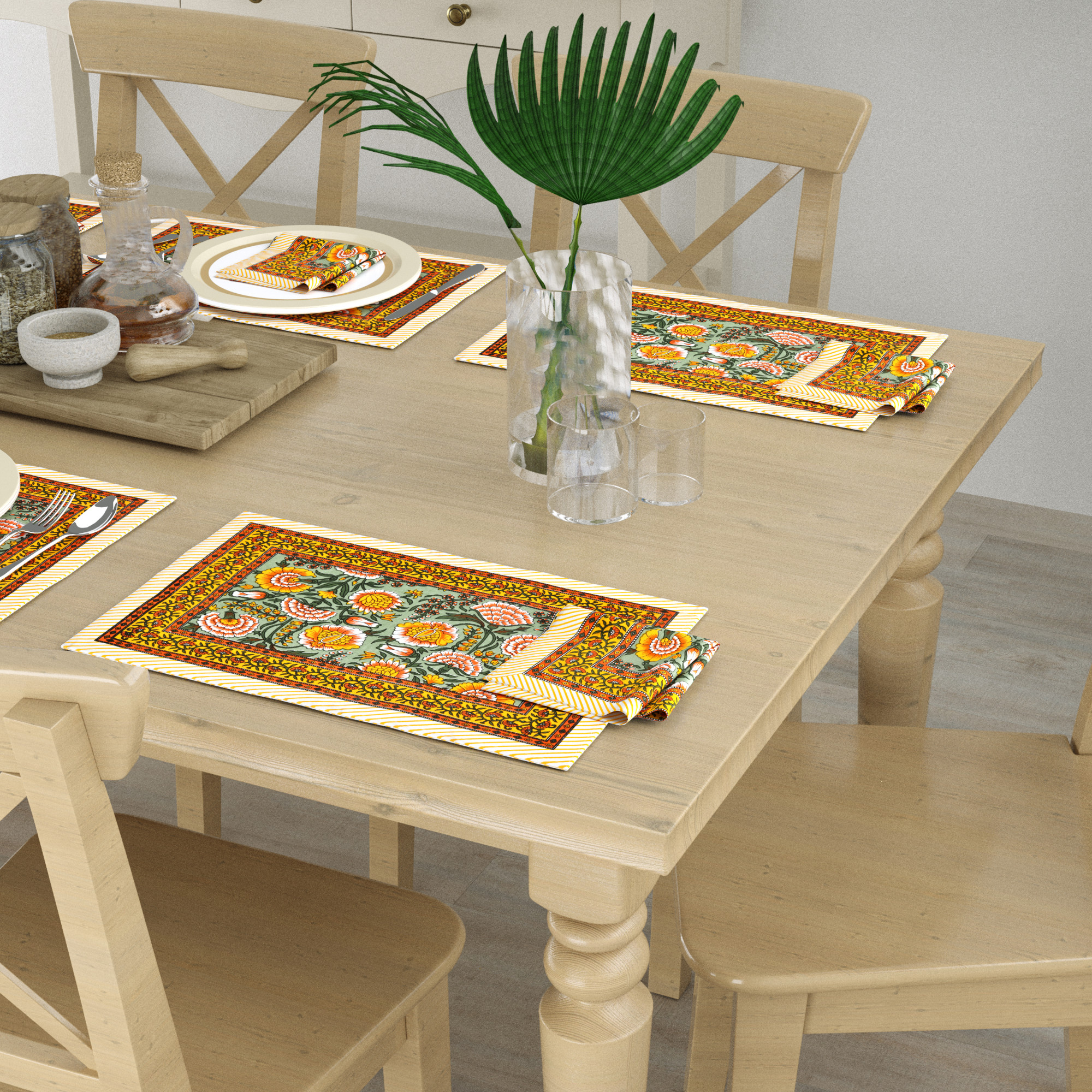 Yellow Orange Floral Printed Pure Cotton Mat and Napkin Set For CenterDining Table - Set Of 12 Pieces 6 Mats 6 Napkins