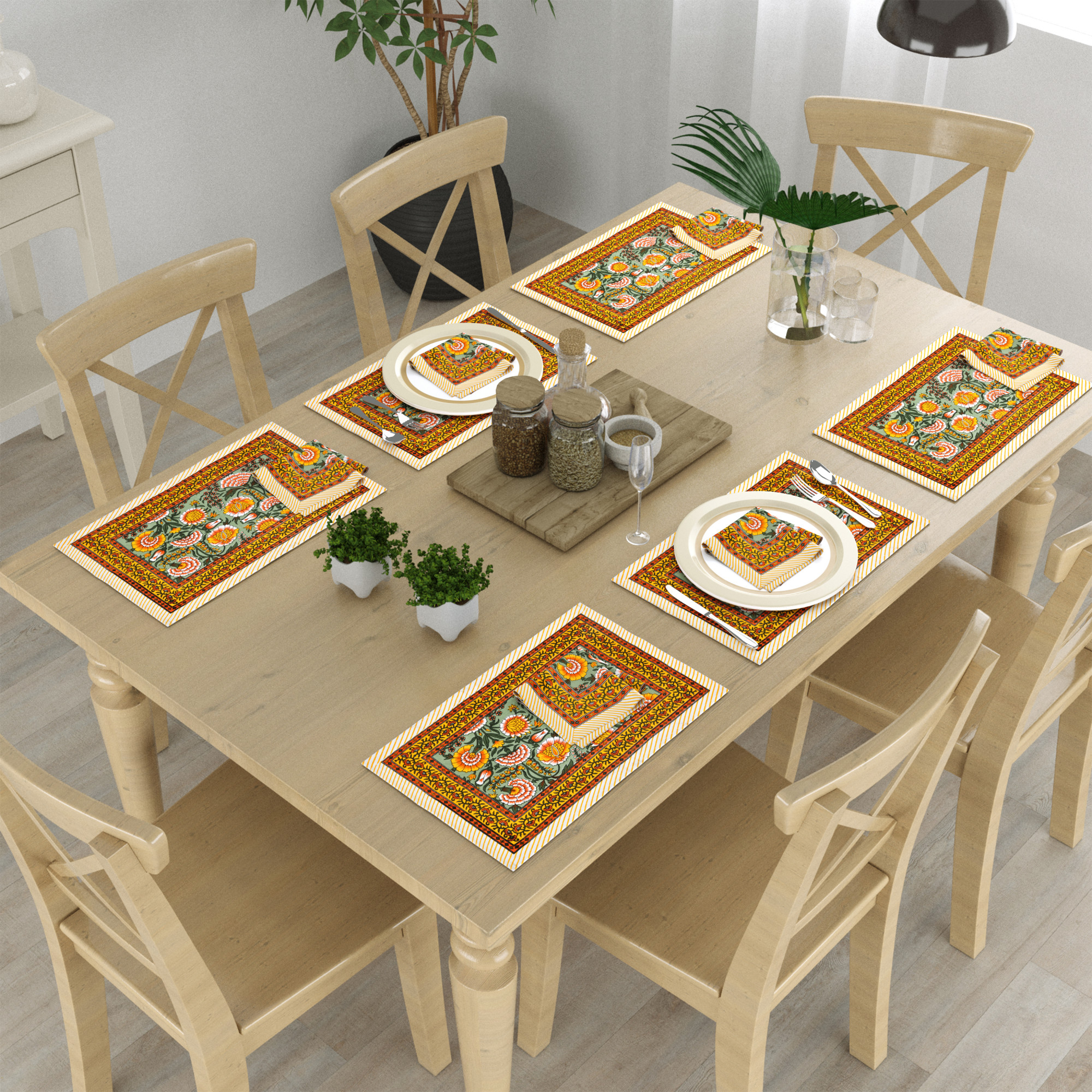 Yellow Orange Floral Printed Pure Cotton Mat and Napkin Set For CenterDining Table - Set Of 12 Pieces 6 Mats 6 Napkins