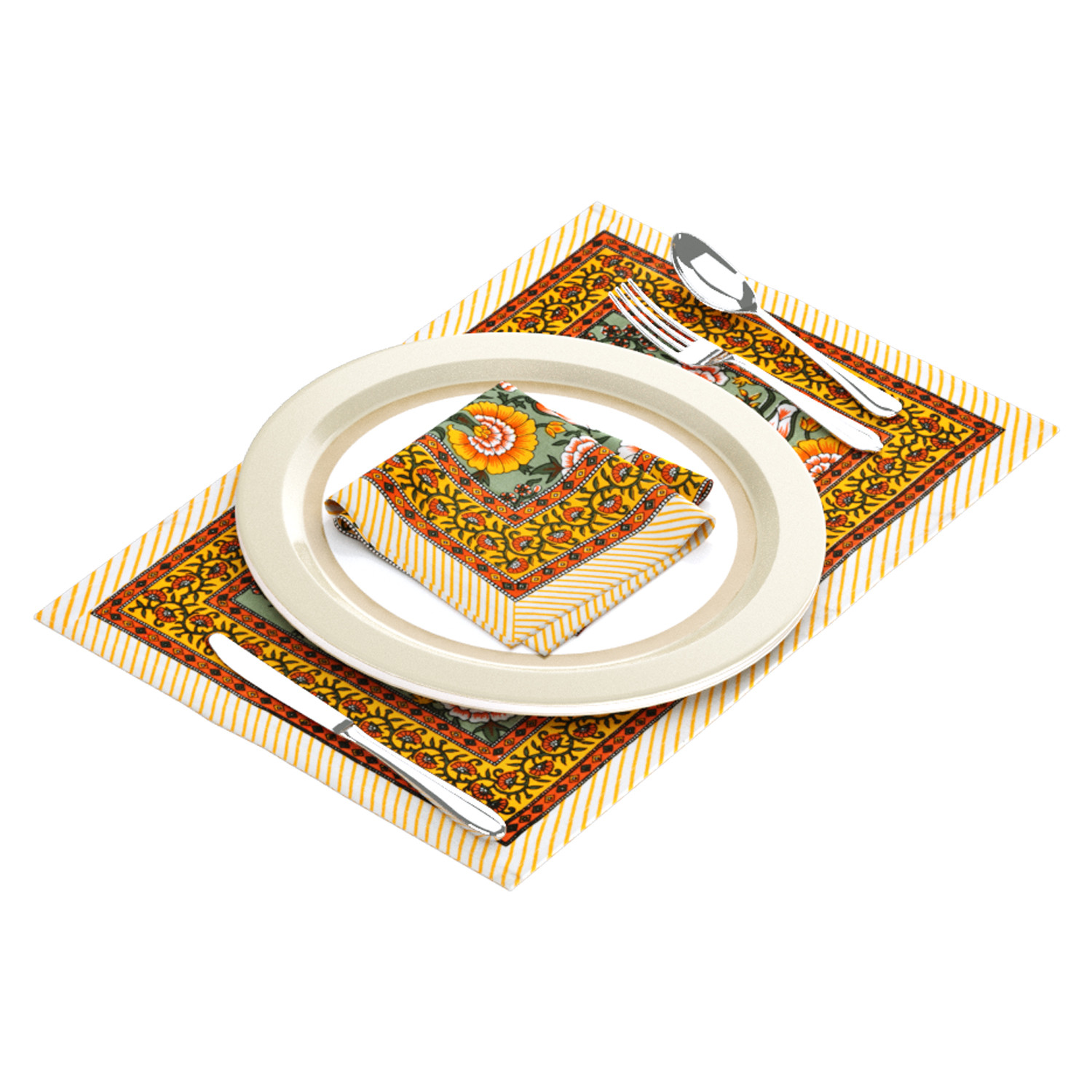 Yellow Orange Floral Printed Pure Cotton Mat and Napkin Set For CenterDining Table - Set Of 12 Pieces 6 Mats 6 Napkins