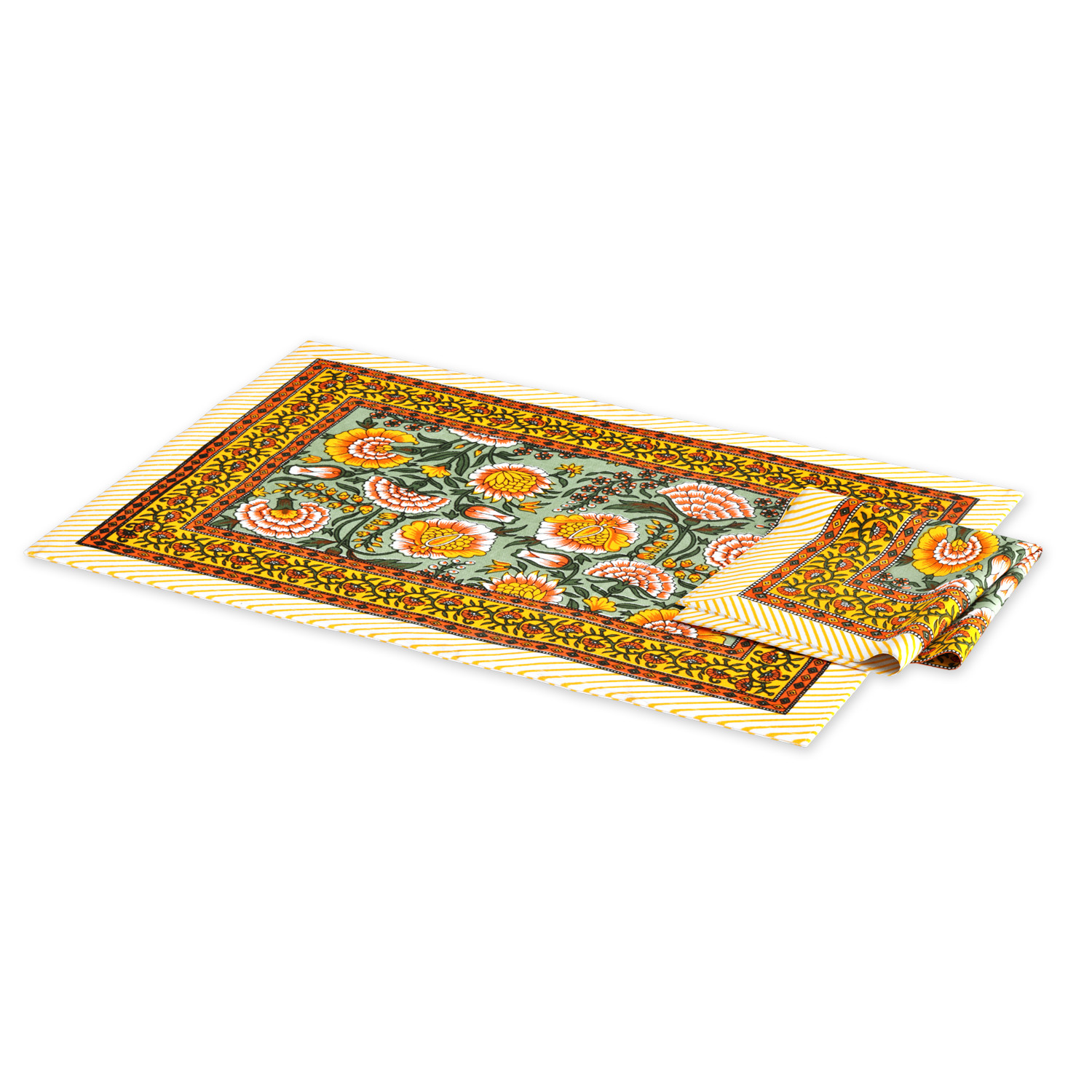 Brown Green Floral Printed Pure Cotton Mat and Napkin Set For CenterDining Table - Set Of 12 Pieces 6 Mats 6 Napkins