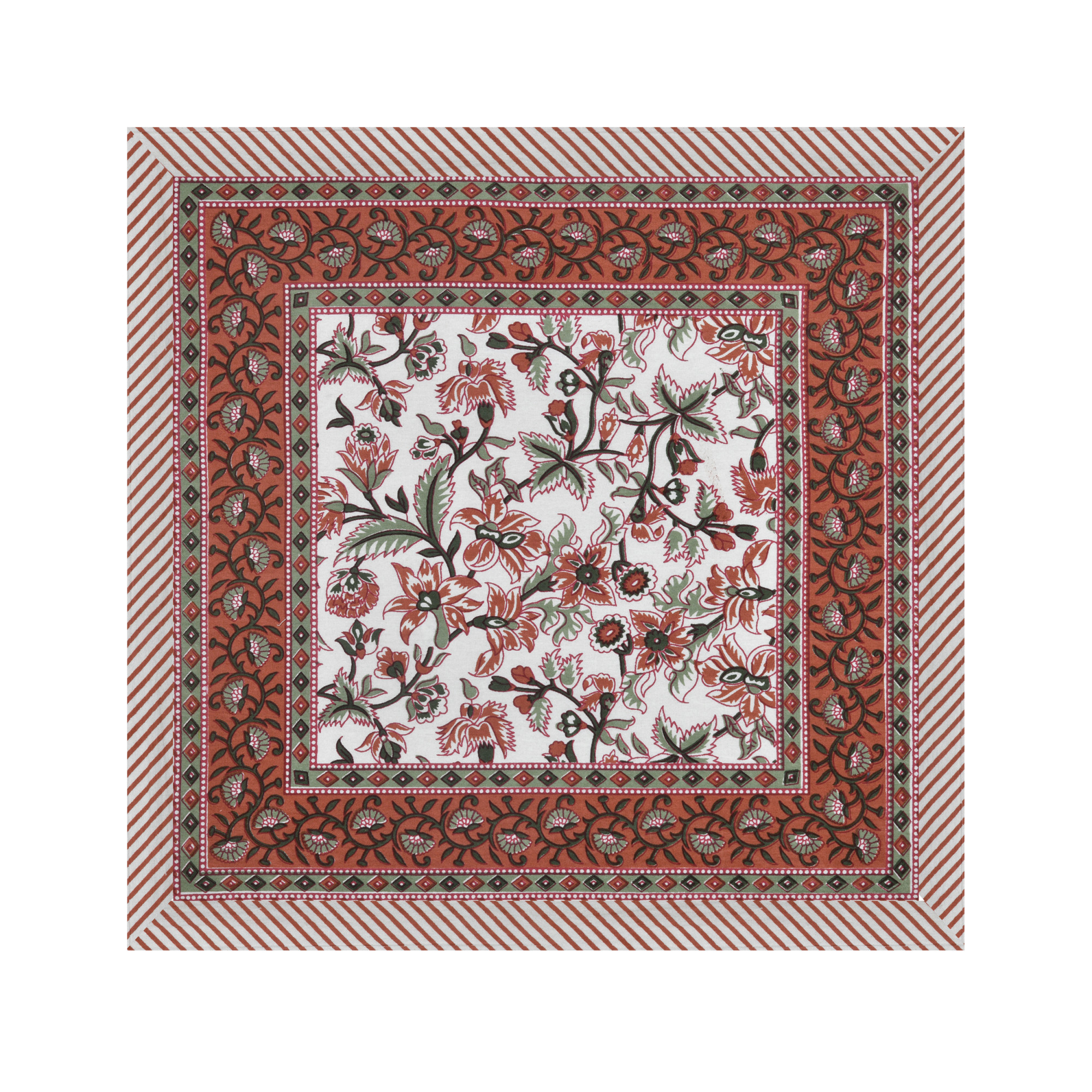 Brown Green Floral Printed Pure Cotton Mat and Napkin Set For CenterDining Table - Set Of 12 Pieces 6 Mats 6 Napkins