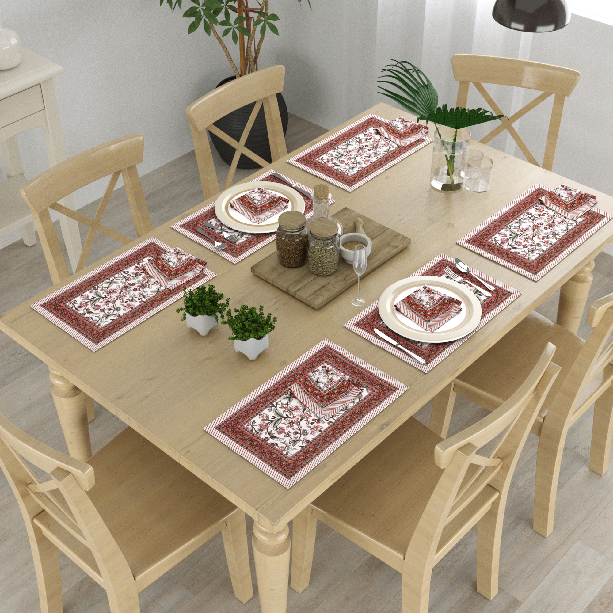 Brown Green Floral Printed Pure Cotton Mat and Napkin Set For CenterDining Table - Set Of 12 Pieces 6 Mats 6 Napkins