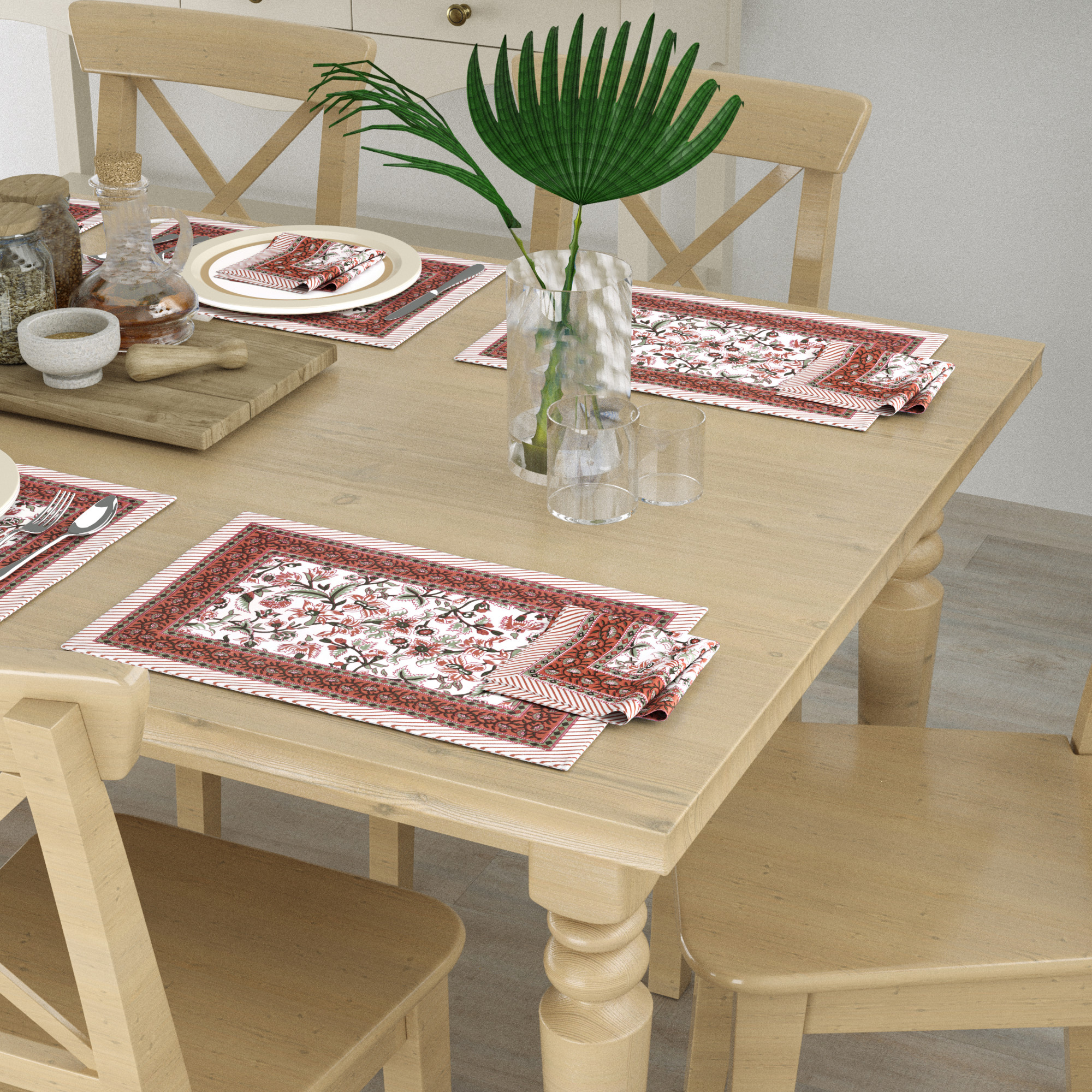 Brown Green Floral Printed Pure Cotton Mat and Napkin Set For CenterDining Table - Set Of 12 Pieces 6 Mats 6 Napkins