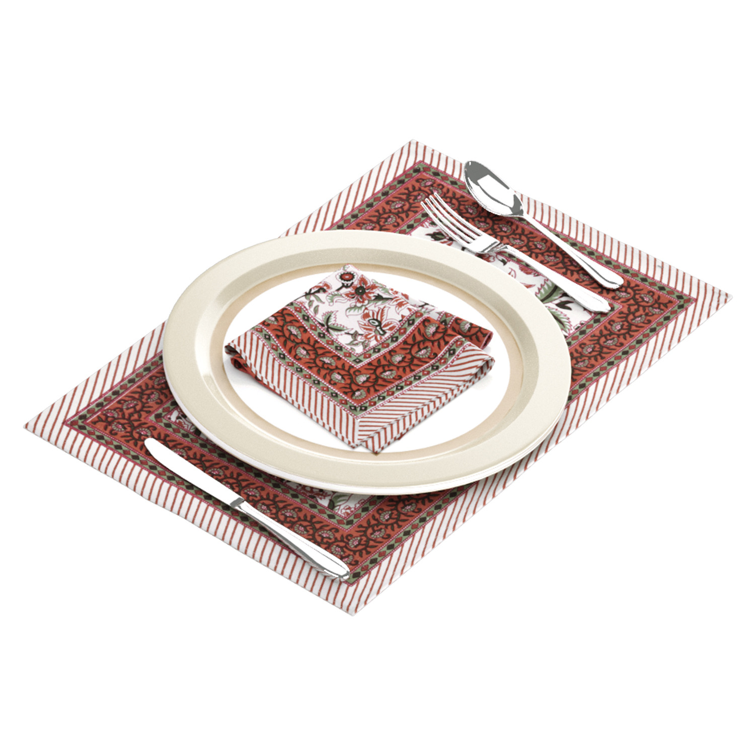 Brown Green Floral Printed Pure Cotton Mat and Napkin Set For CenterDining Table - Set Of 12 Pieces 6 Mats 6 Napkins