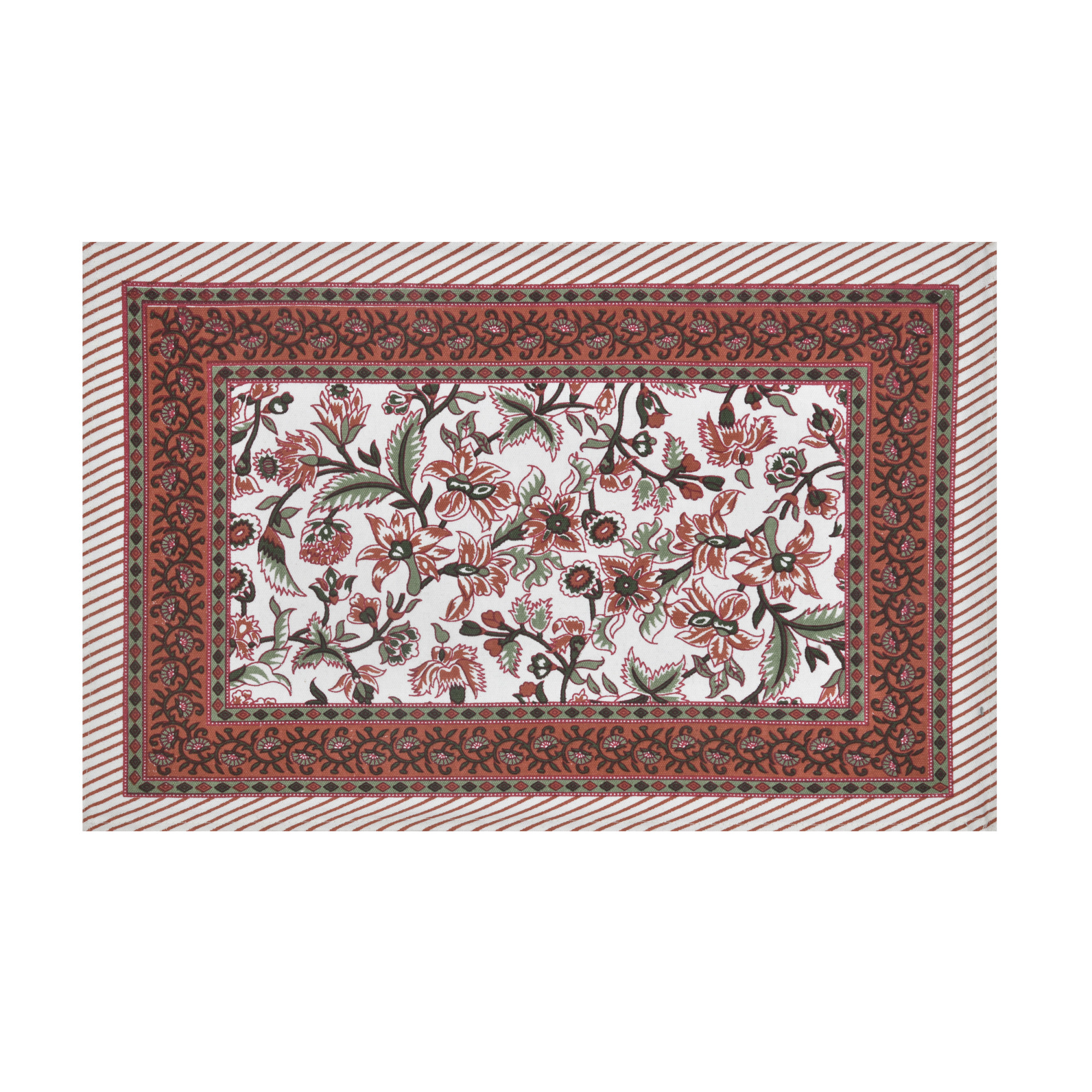 Brown Green Floral Printed Pure Cotton Mat and Napkin Set For CenterDining Table - Set Of 12 Pieces 6 Mats 6 Napkins