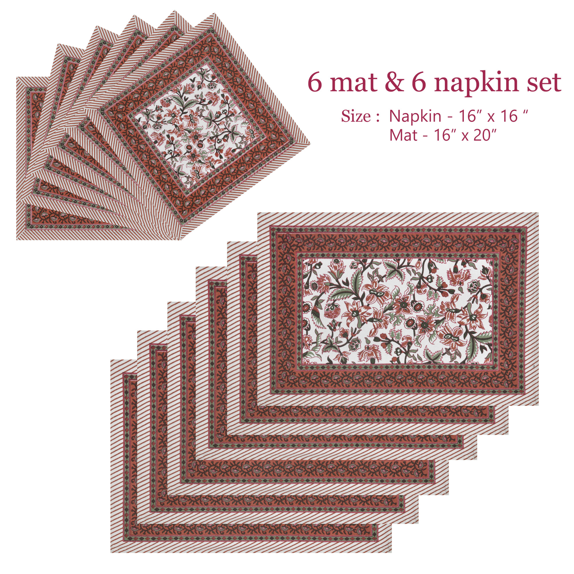 Brown Green Floral Printed Pure Cotton Mat and Napkin Set For CenterDining Table - Set Of 12 Pieces 6 Mats 6 Napkins