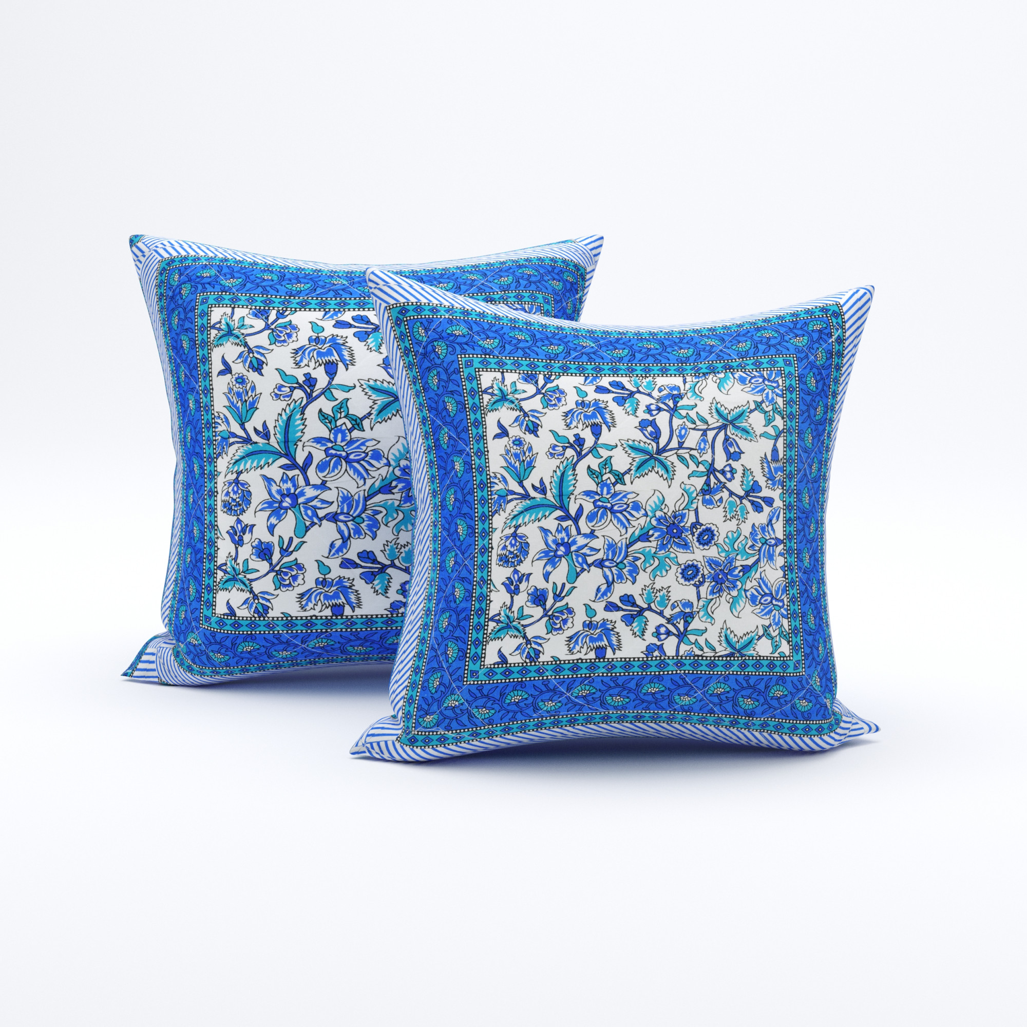 Sky Blue Floral Print Cotton Cushion Cover - Set Of 2 Pieces