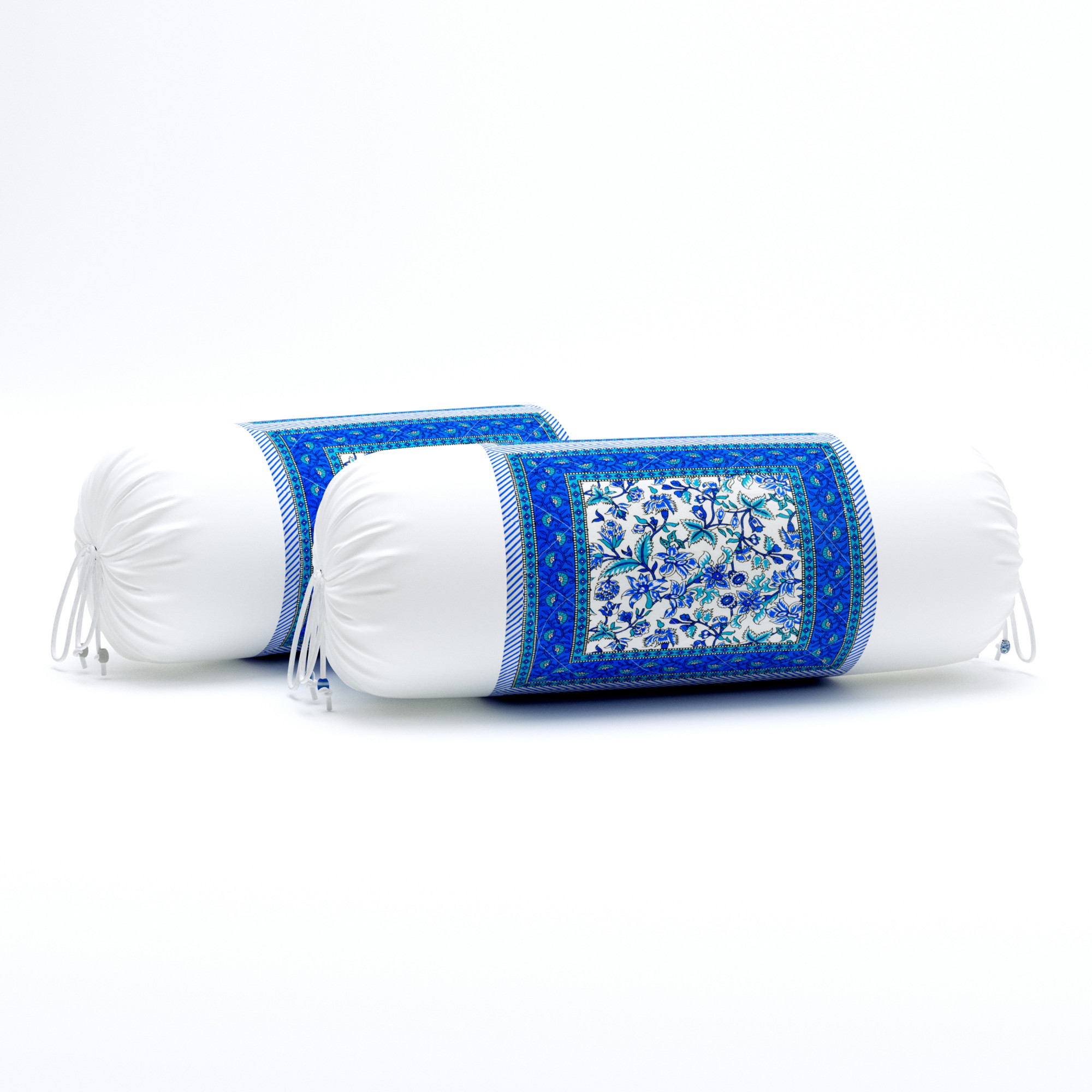 Blue Floral Print 100 Pure Cotton Bolster Cover - Set Of 2 Pieces