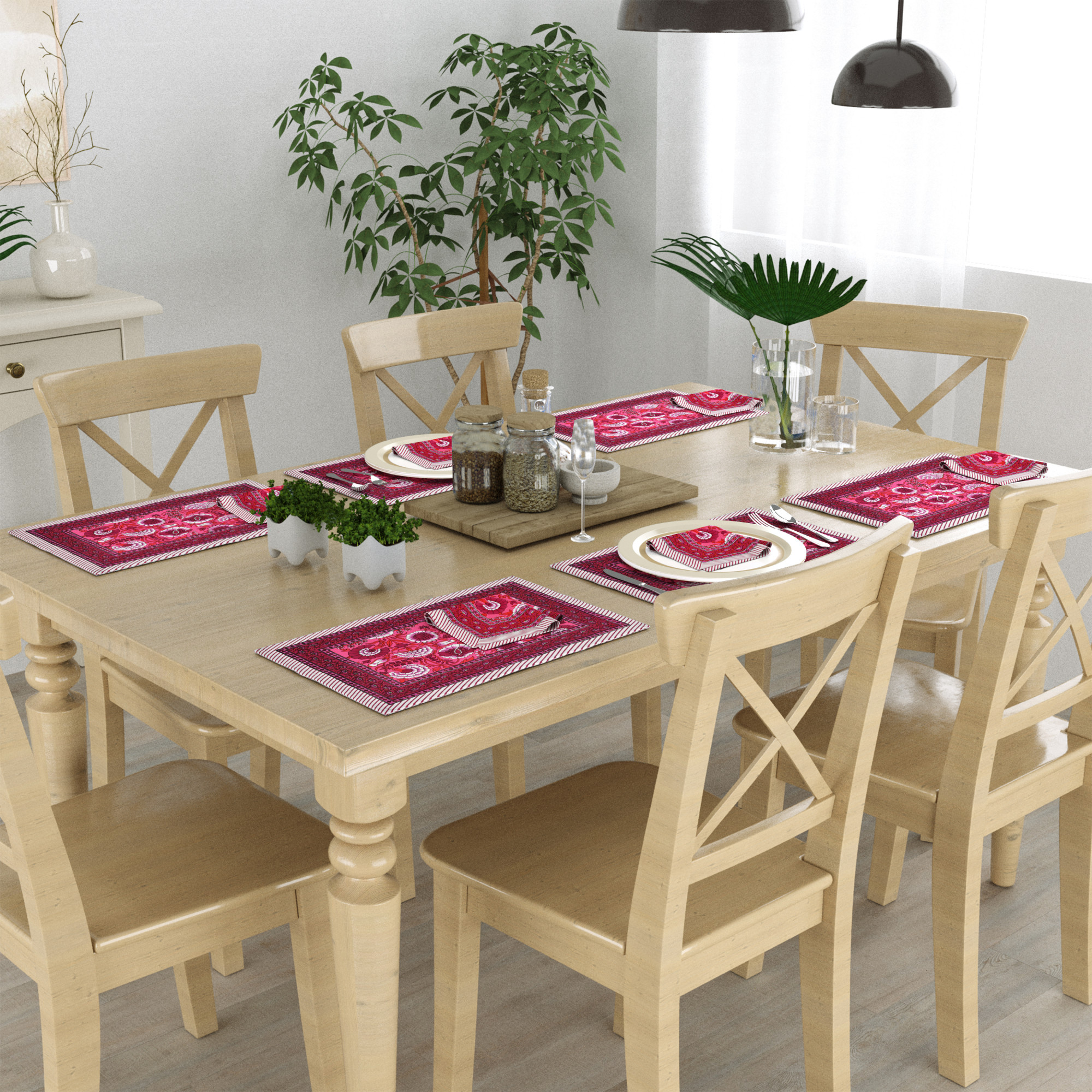 Pink Maroon Floral Printed Pure Cotton Mat and Napkin Set For CenterDining Table - Set Of 12 Pieces 6 Mats 6 Napkins