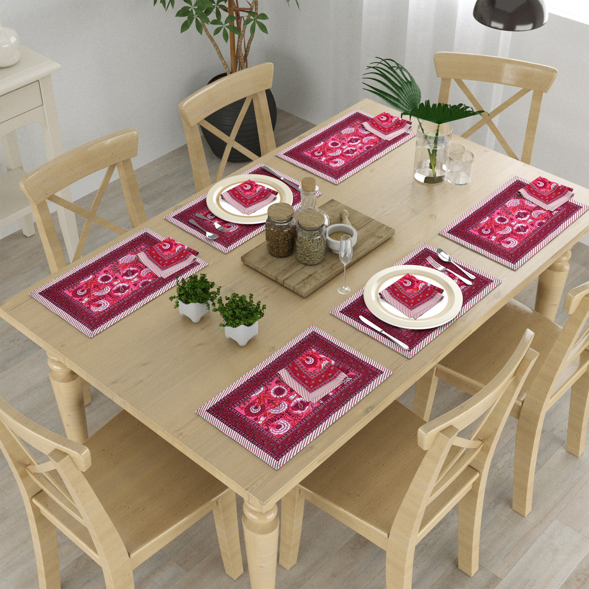 Pink Maroon Floral Printed Pure Cotton Mat and Napkin Set For CenterDining Table - Set Of 12 Pieces 6 Mats 6 Napkins