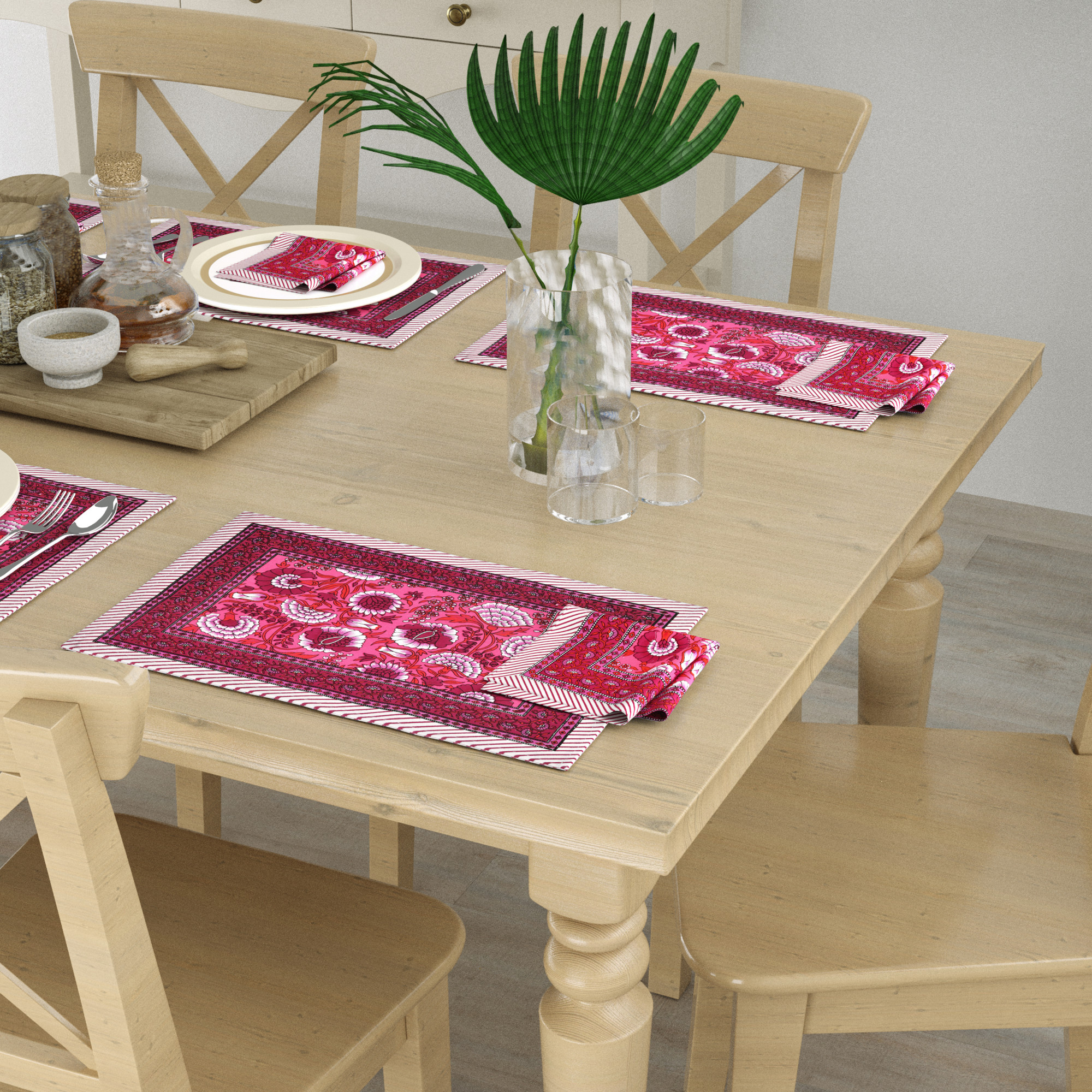 Pink Maroon Floral Printed Pure Cotton Mat and Napkin Set For CenterDining Table - Set Of 12 Pieces 6 Mats 6 Napkins