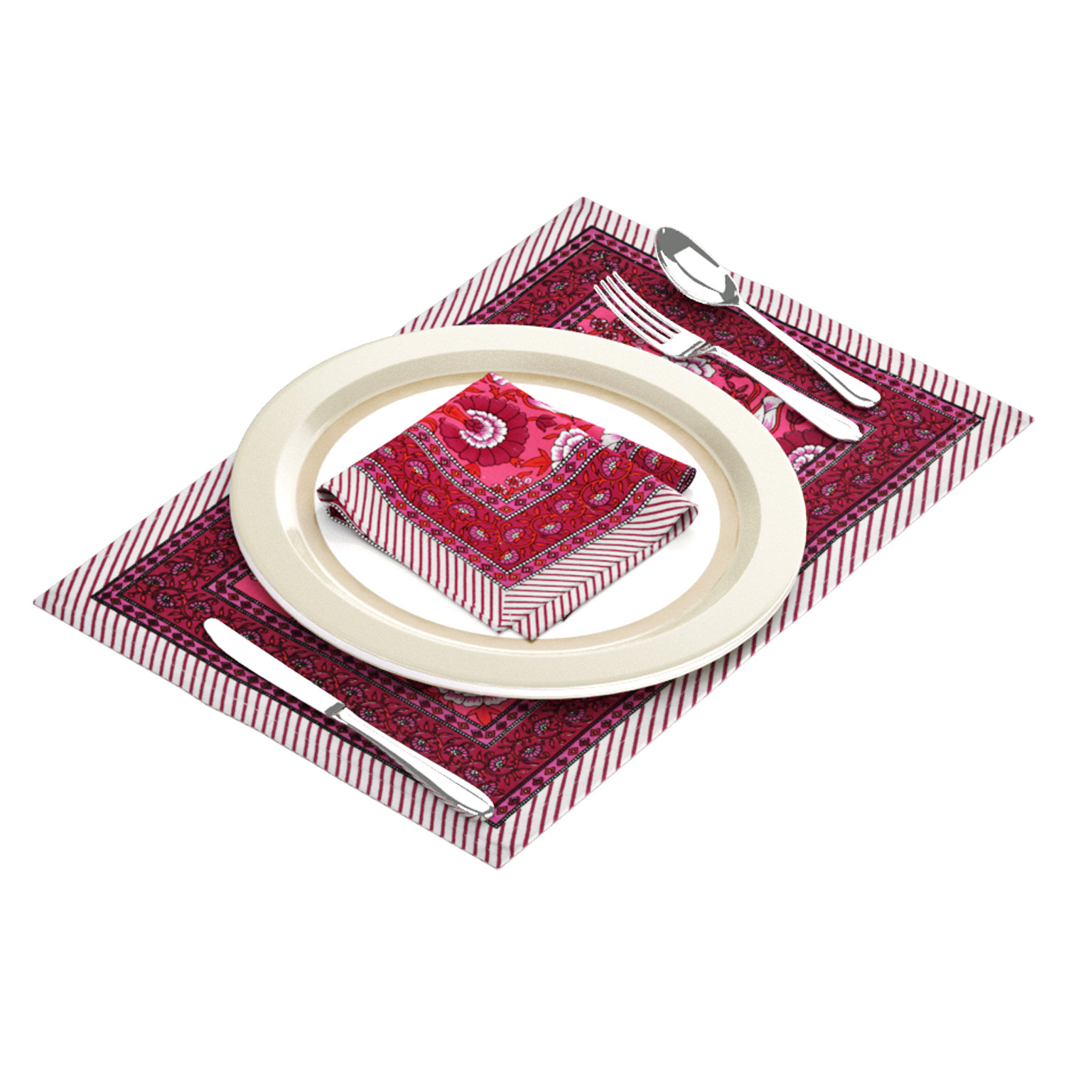 Pink Maroon Floral Printed Pure Cotton Mat and Napkin Set For CenterDining Table - Set Of 12 Pieces 6 Mats 6 Napkins