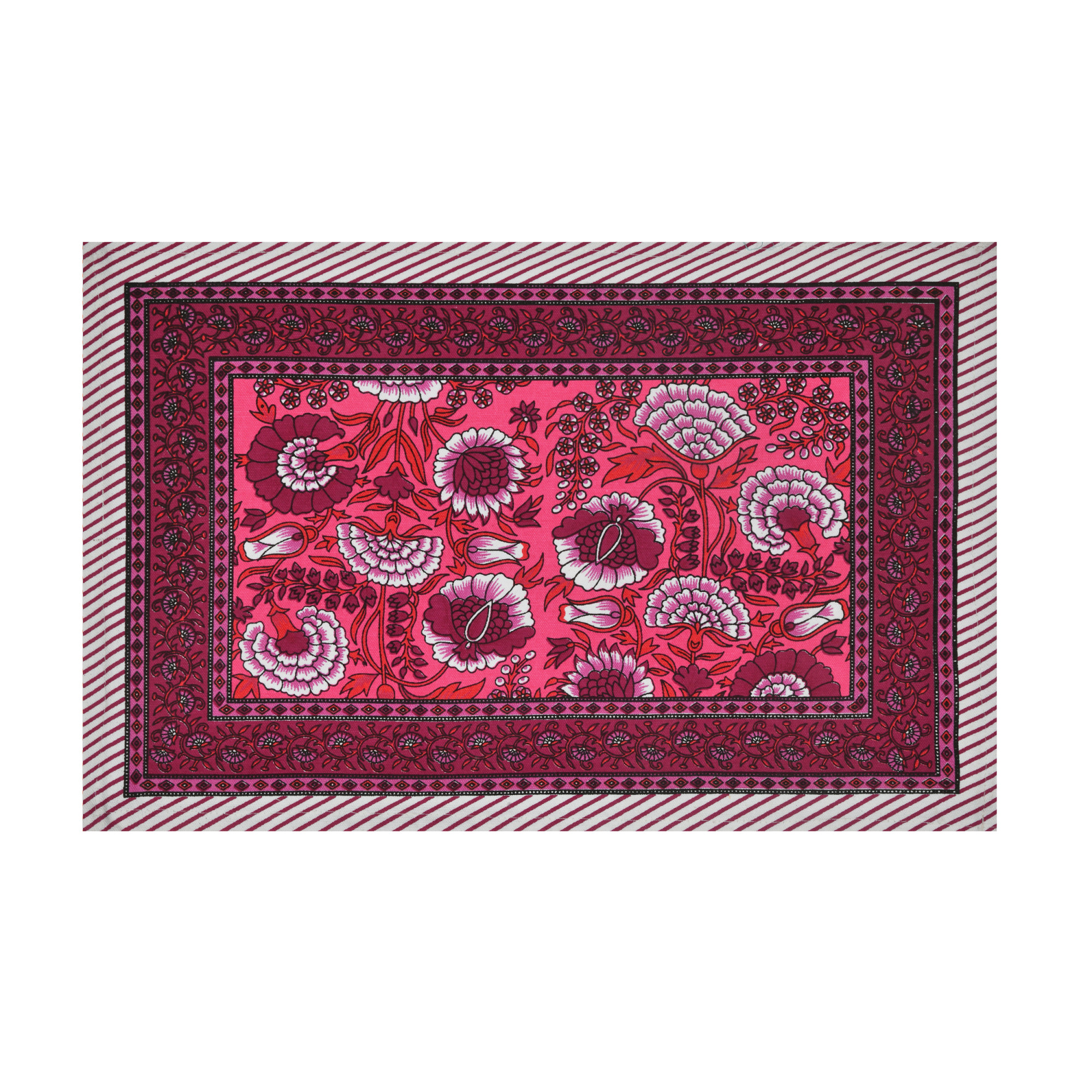 Pink Maroon Floral Printed Pure Cotton Mat and Napkin Set For CenterDining Table - Set Of 12 Pieces 6 Mats 6 Napkins