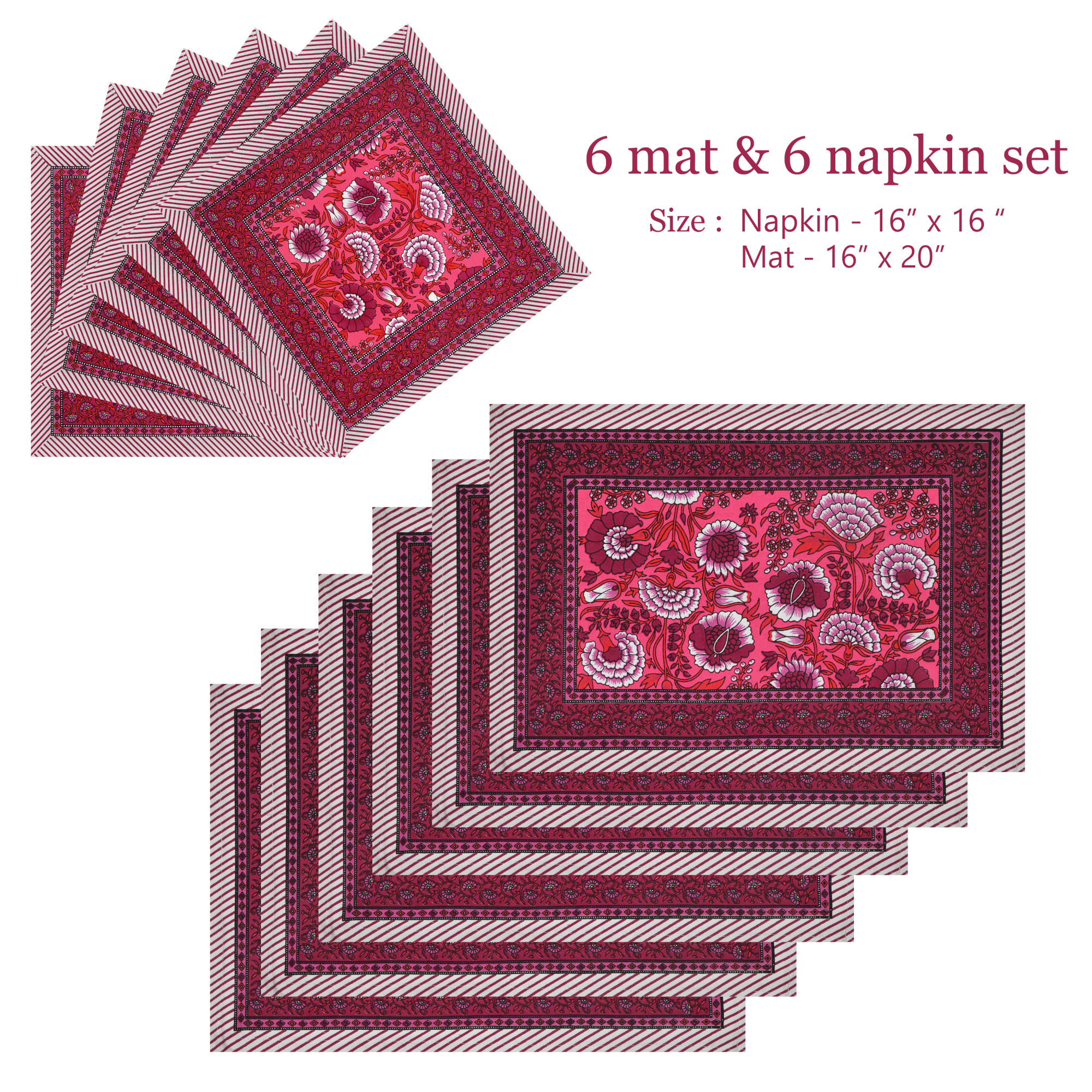 Pink Maroon Floral Printed Pure Cotton Mat and Napkin Set For CenterDining Table - Set Of 12 Pieces 6 Mats 6 Napkins
