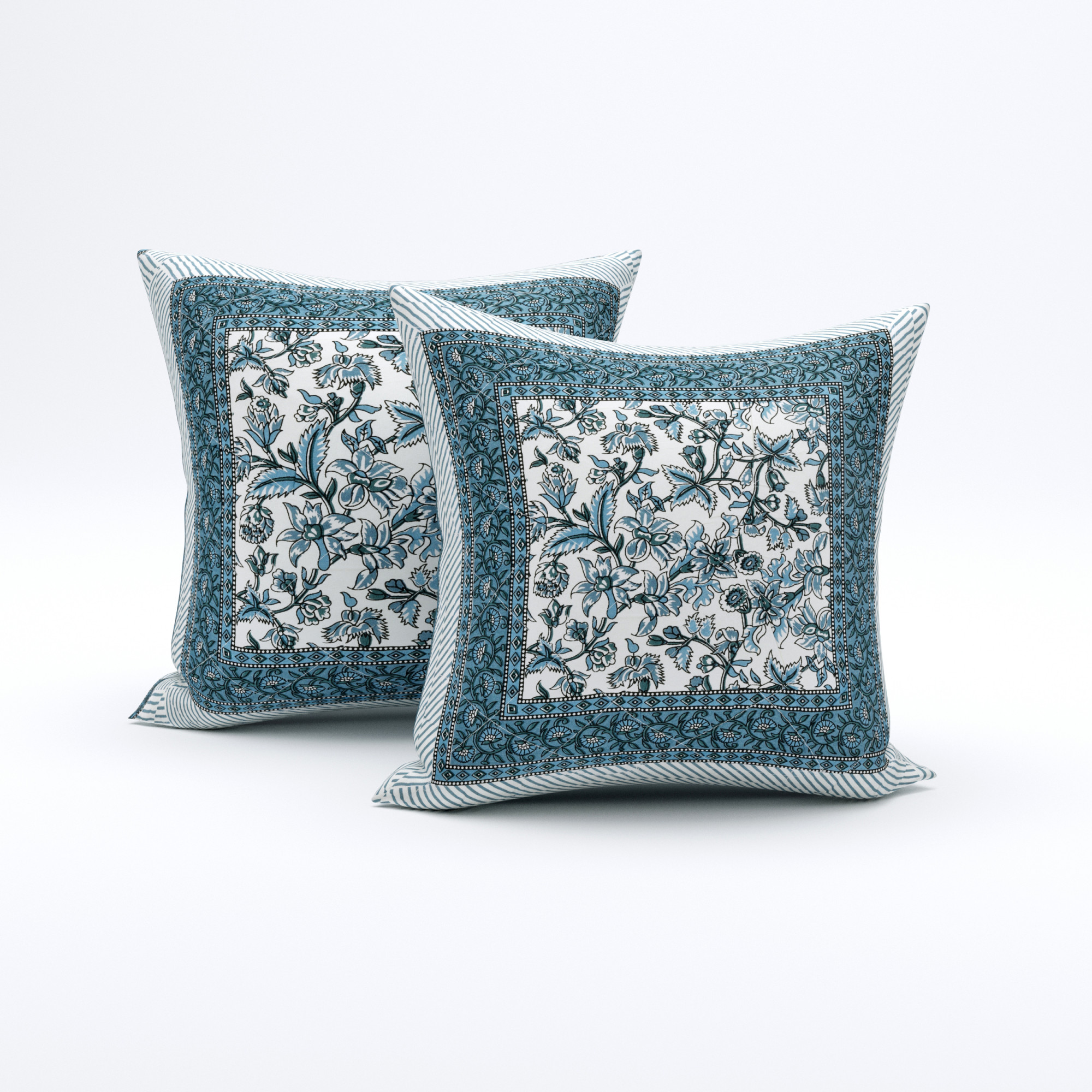 Grey Floral Print Cotton Cushion Cover - Set Of 2 Pieces