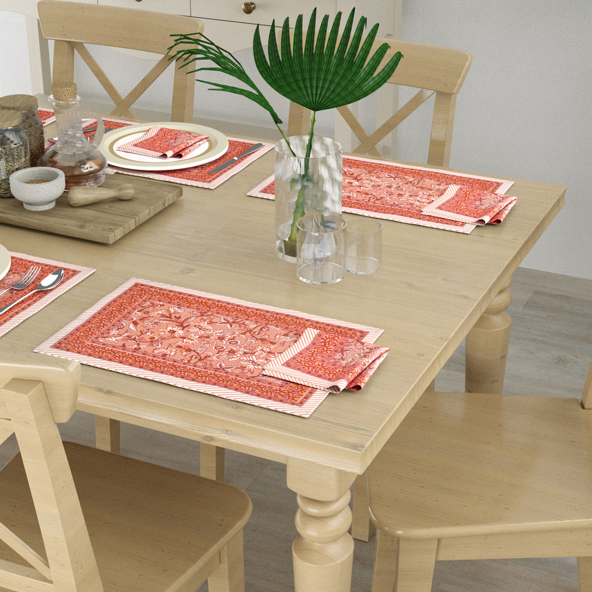 Brown Floral Print Pure Cotton Mat and Napkin Set For CenterDining Table - Set Of 12 Pieces 6 Mats 6 Napkins