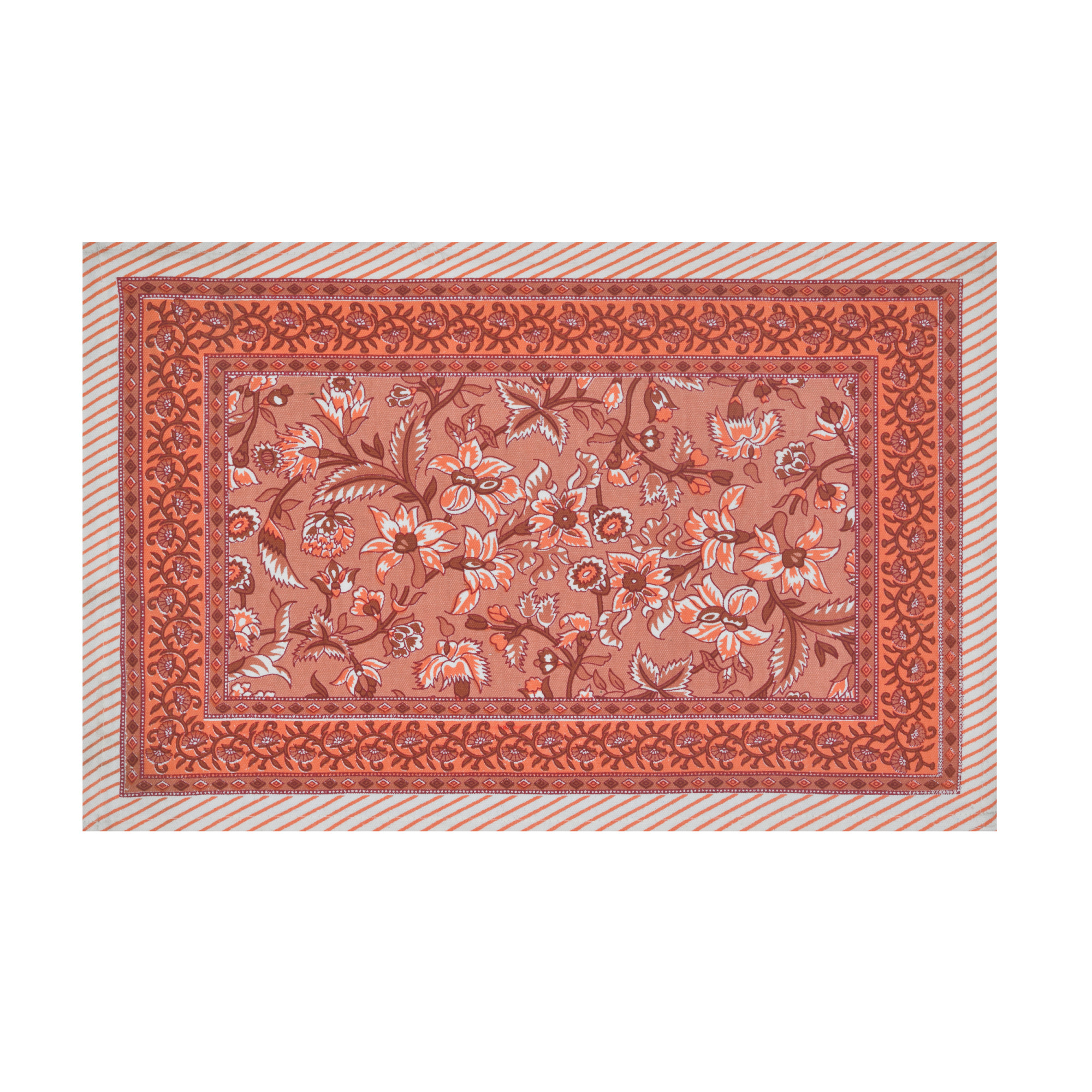 Brown Floral Print Pure Cotton Mat and Napkin Set For CenterDining Table - Set Of 12 Pieces 6 Mats 6 Napkins