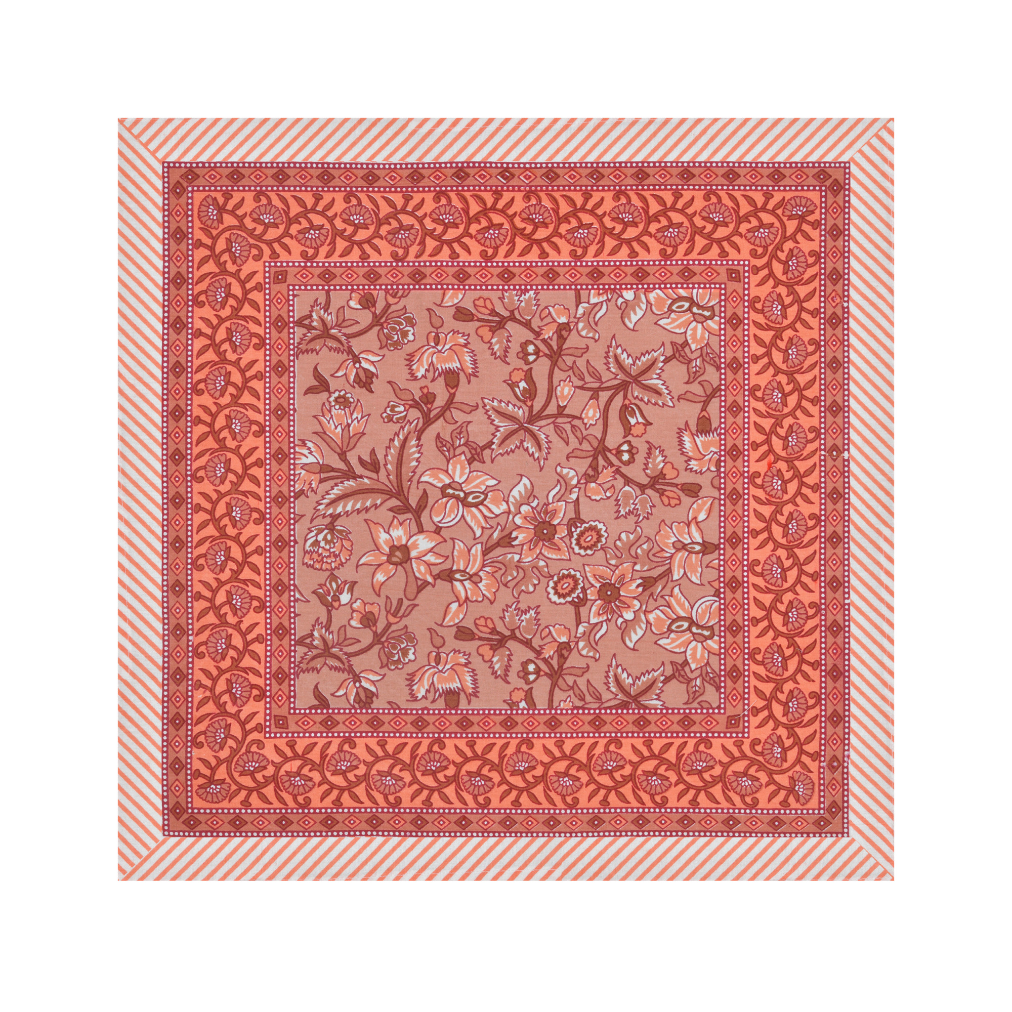 Brown Floral Print Pure Cotton Mat and Napkin Set For CenterDining Table - Set Of 12 Pieces 6 Mats 6 Napkins