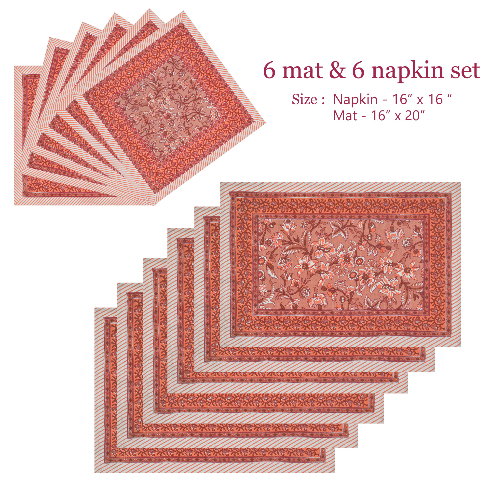 Brown Floral Print Pure Cotton Mat and Napkin Set For CenterDining Table - Set Of 12 Pieces 6 Mats 6 Napkins