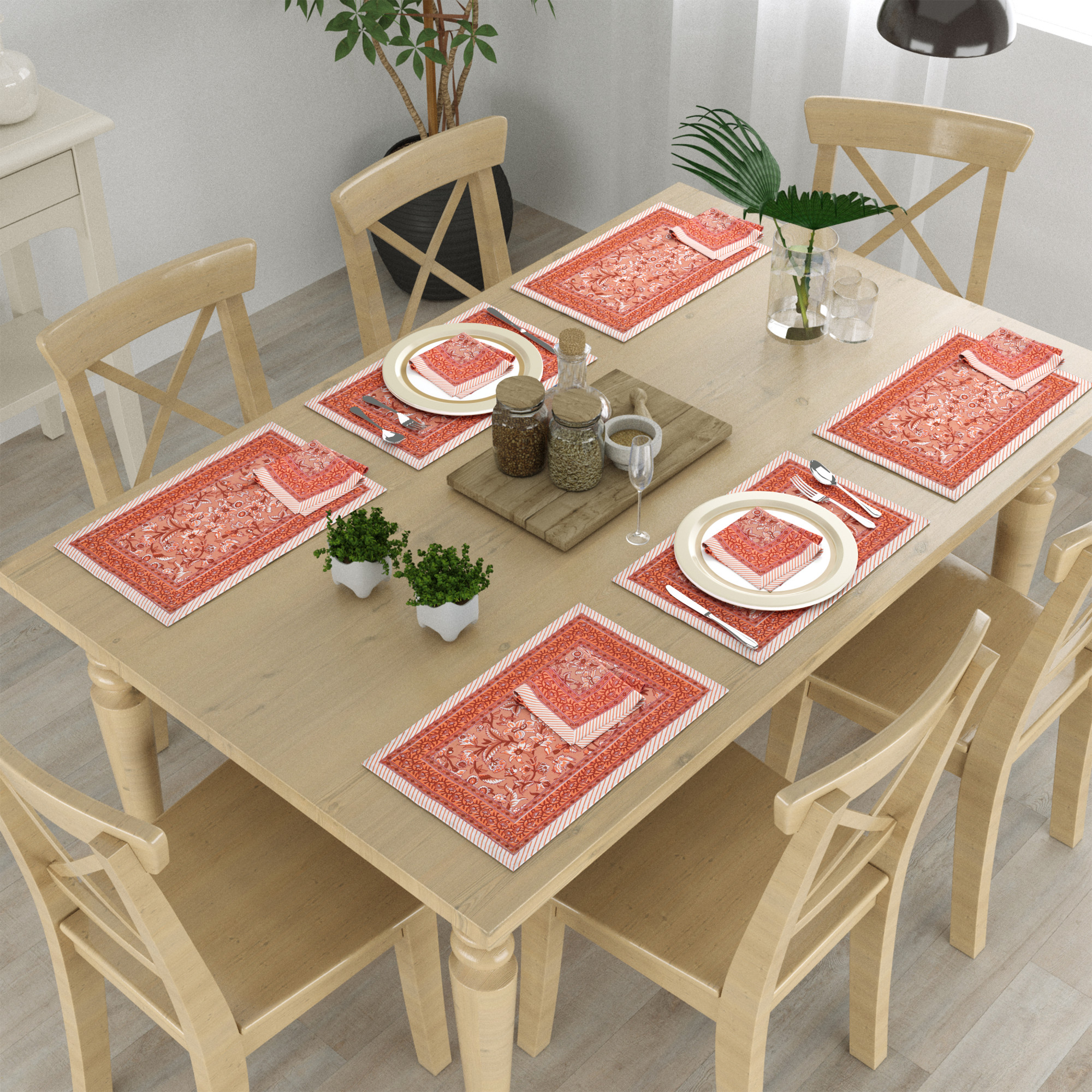 Brown Floral Print Pure Cotton Mat and Napkin Set For CenterDining Table - Set Of 12 Pieces 6 Mats 6 Napkins