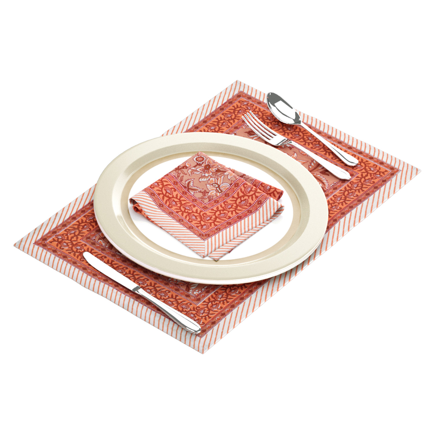 Brown Floral Print Pure Cotton Mat and Napkin Set For CenterDining Table - Set Of 12 Pieces 6 Mats 6 Napkins