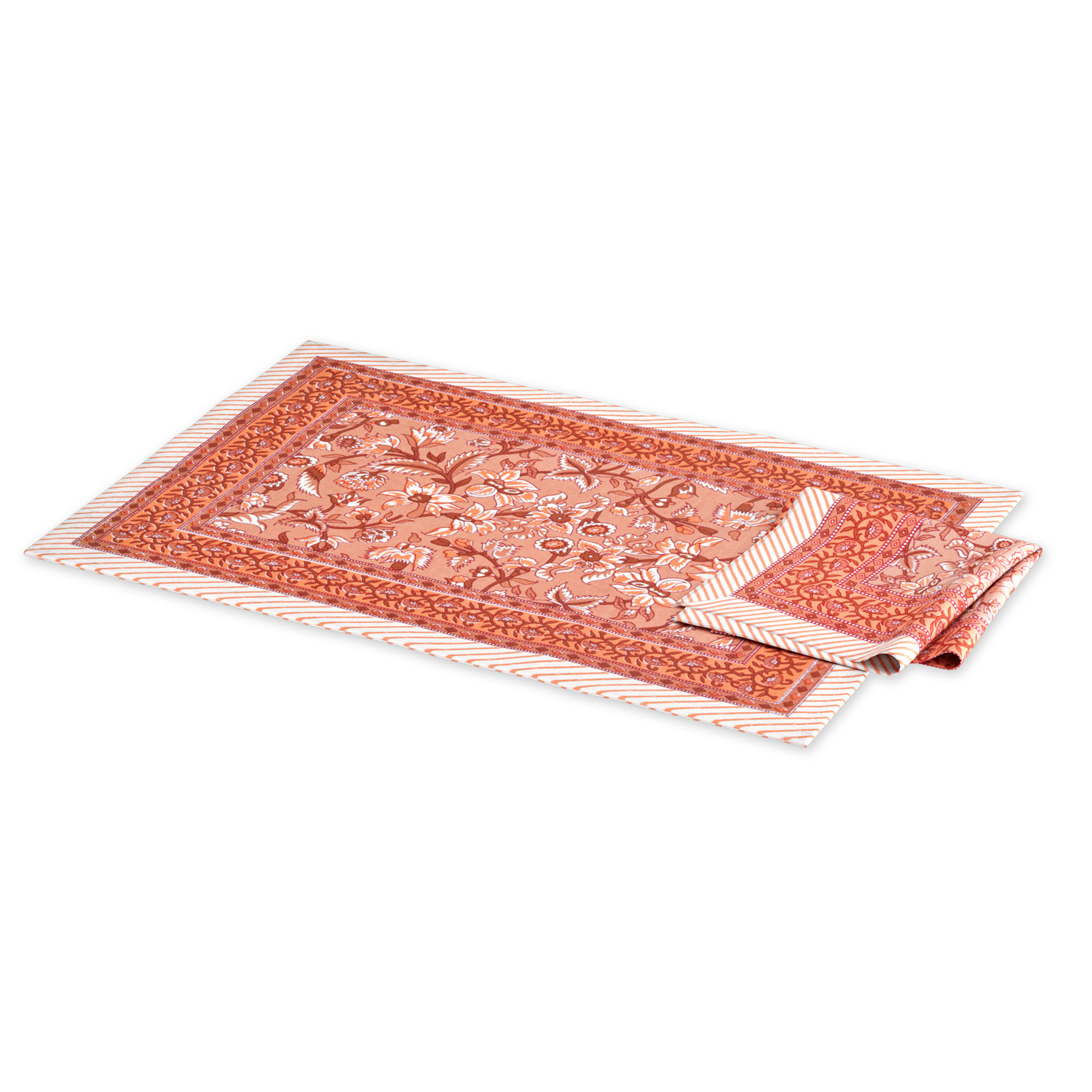 Brown Floral Print Pure Cotton Mat and Napkin Set For CenterDining Table - Set Of 12 Pieces 6 Mats 6 Napkins